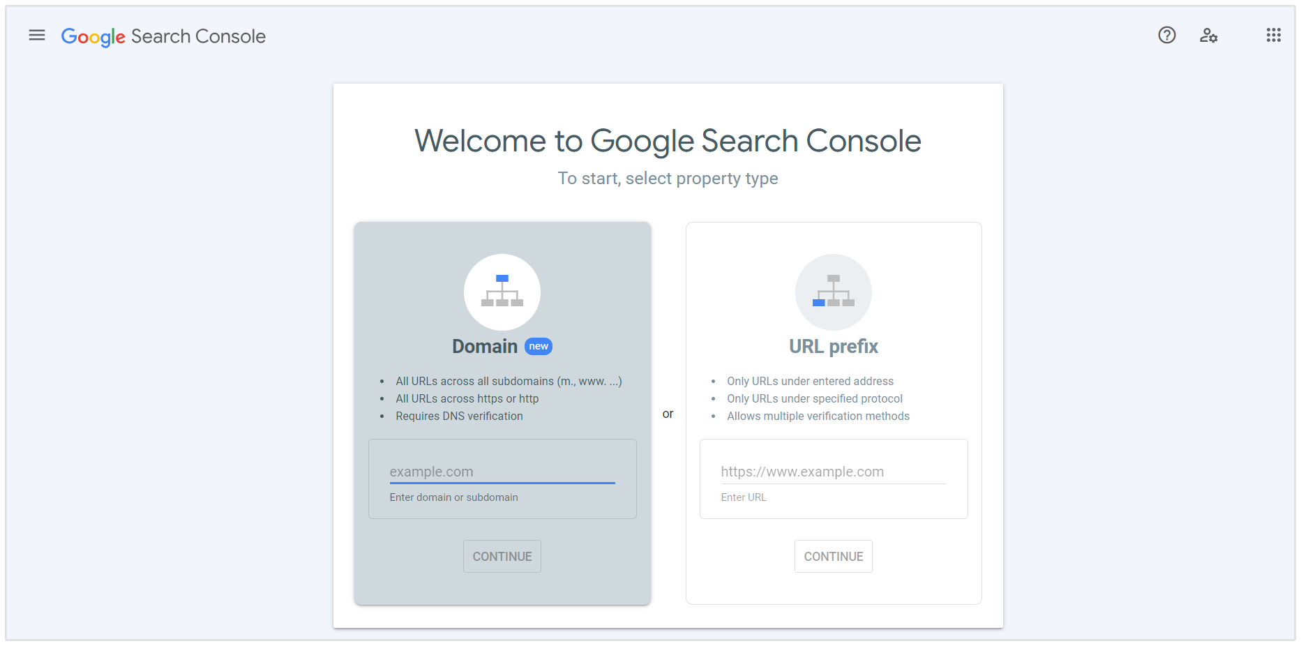 Selecciona el tipo de propiedad en Google Search Console